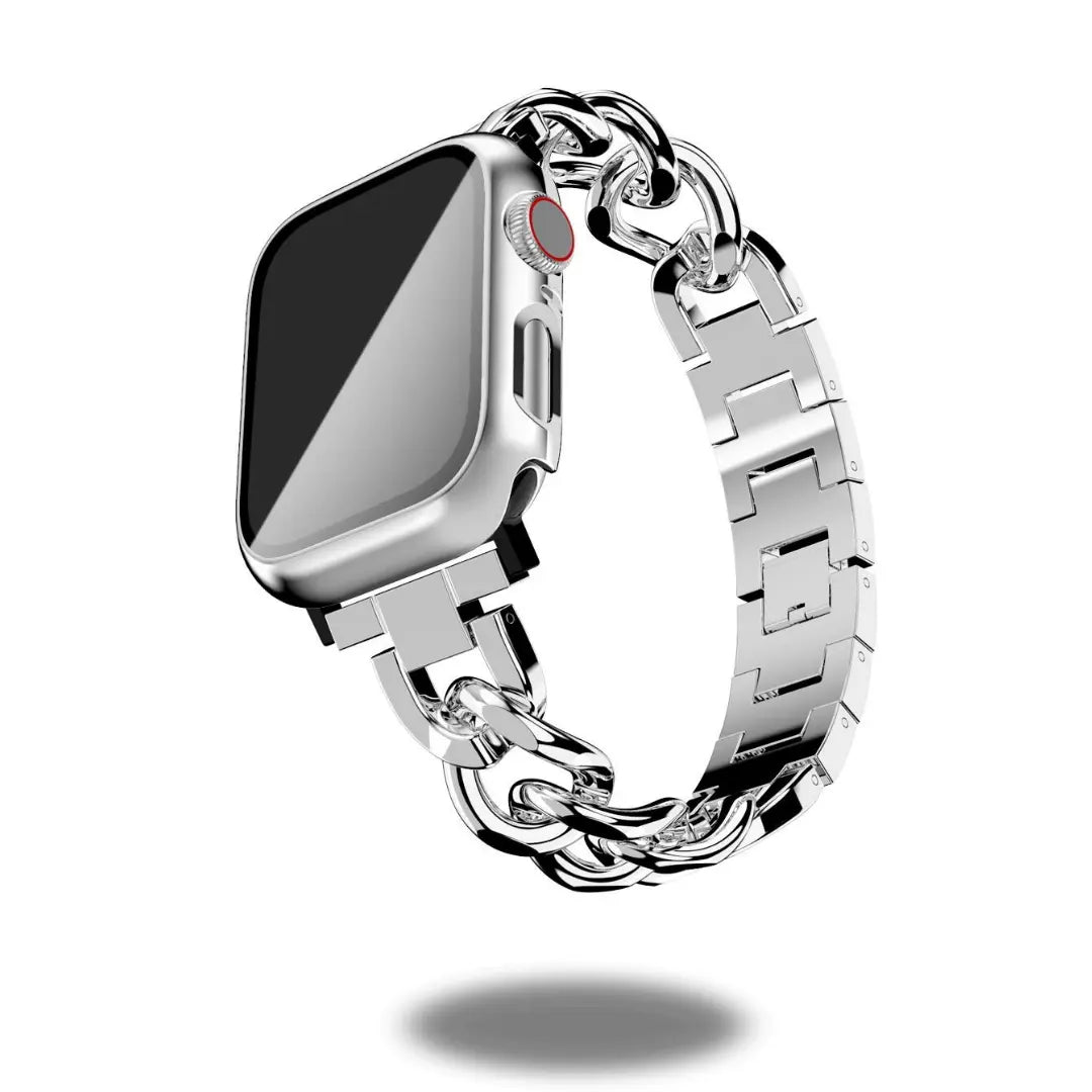 Luxury Cuban bracelet for Apple Watch, chunky chain design, polished stainless steel, stylish and durable accessory.