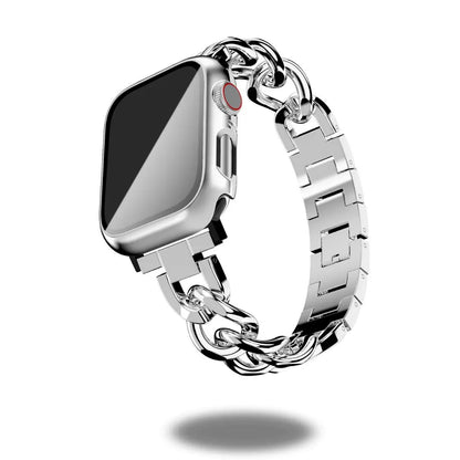 Luxury Cuban bracelet for Apple Watch, chunky chain design, polished stainless steel, stylish and durable accessory.