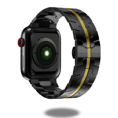Luxury stainless steel bracelet for smartwatches, featuring a sleek design with gold accents and easy deployment buckle.