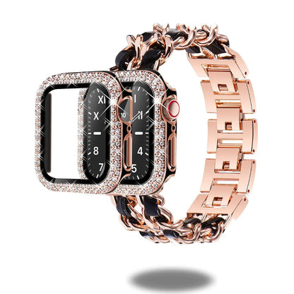 Luxurious Cuban bracelet for Apple Watch with diamond-style case and screen protector, compatible with various sizes.