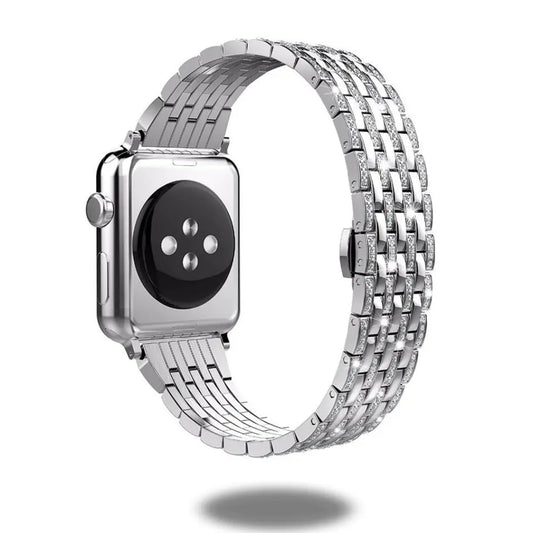 Luxury jewelry bracelet for Apple Watch, stainless steel with CZ stones, adjustable up to 9 inches, eye-catching design.