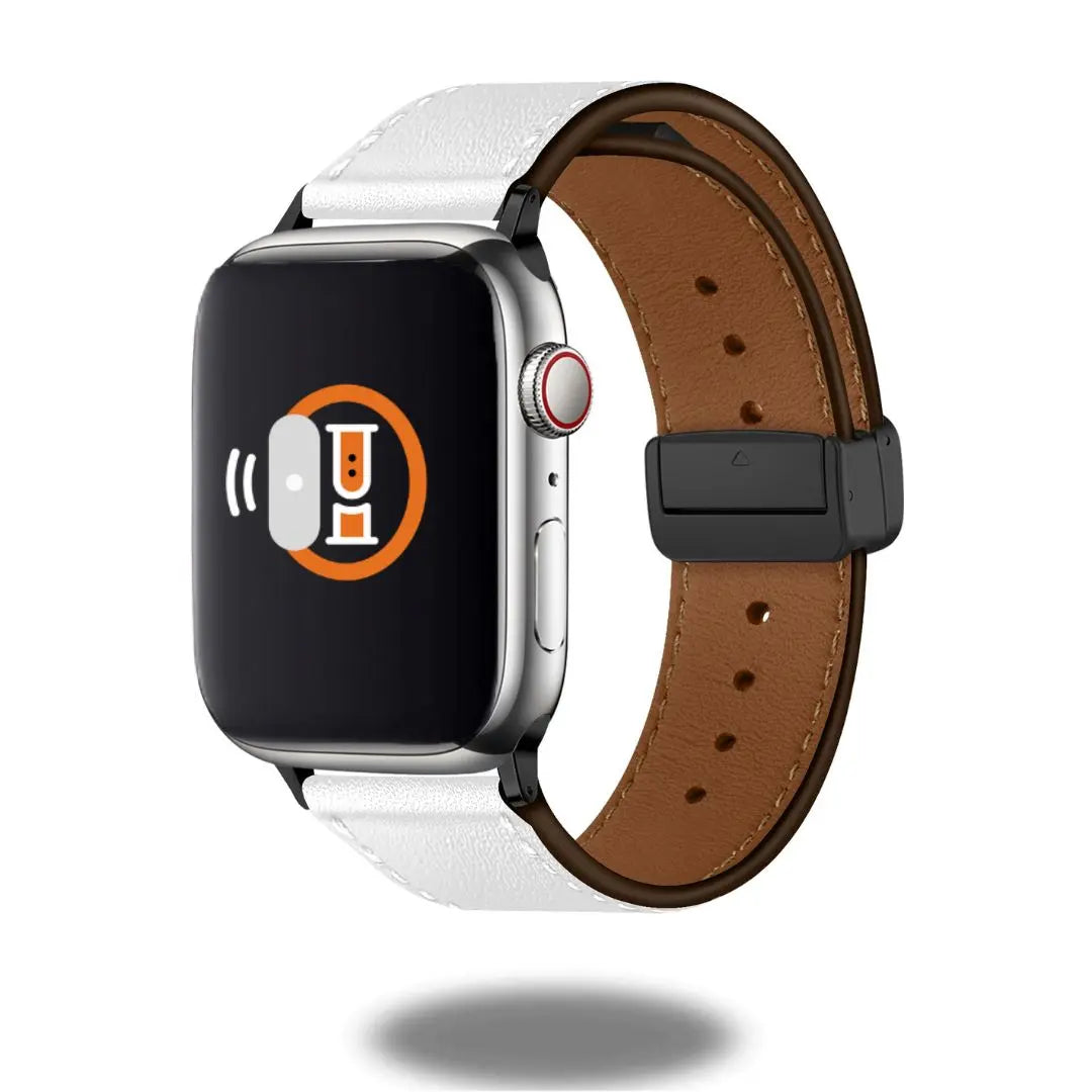Magnetic Clasp Classic Leather Bracelet on Apple Watch showcasing secure fastening and stylish design.
