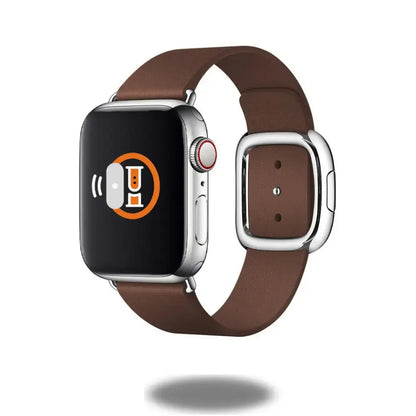 Modern Buckle Band in brown top-grain leather for Apple Watch, featuring a stylish magnetic closure and unibody design.