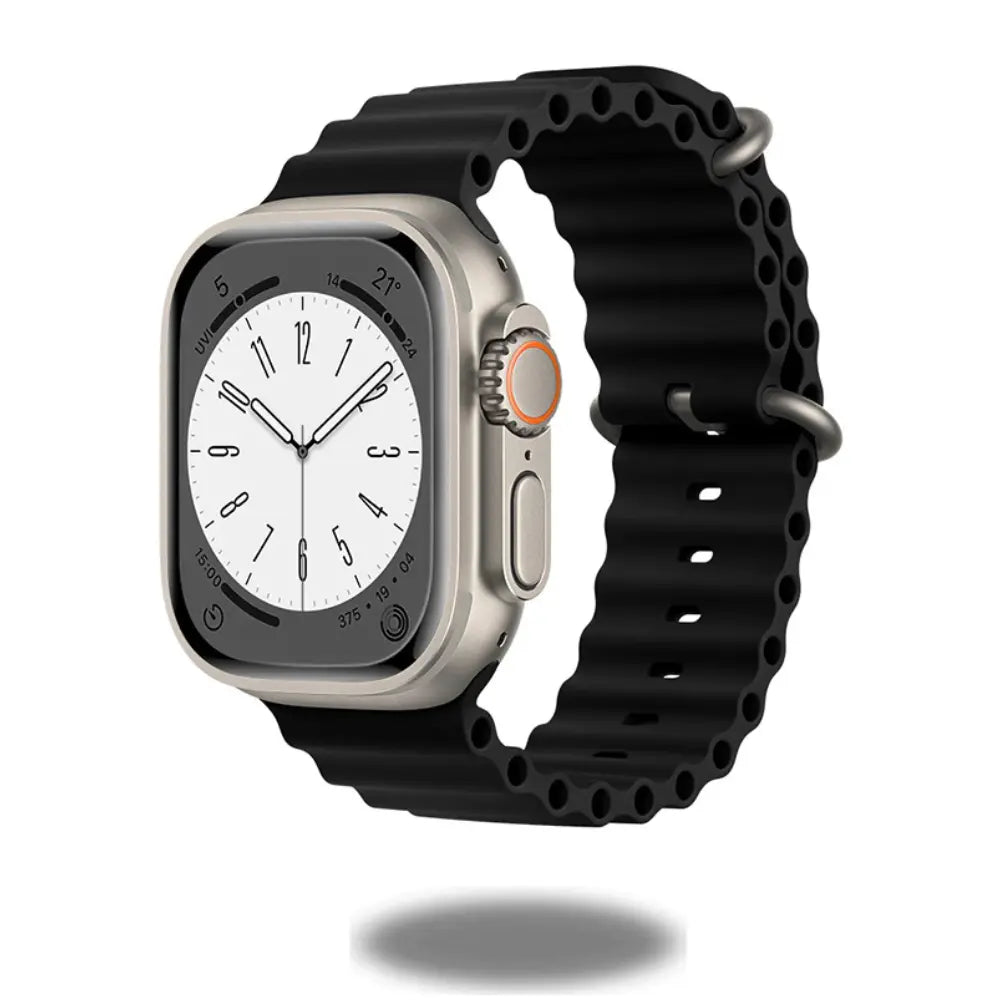 Black Ocean strap for Apple Watch, high-performance elastomer, perfect fit for water sports, adjustable and durable.