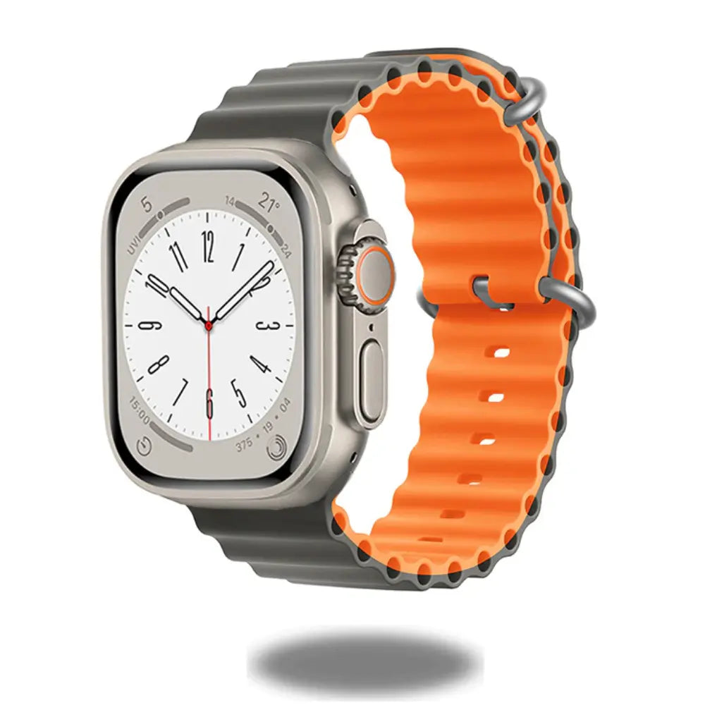 Ocean straps for Apple Watch, high-performance elastomer band in gray and orange, ideal for water sports, fits 5.9'-8.2' wrists.