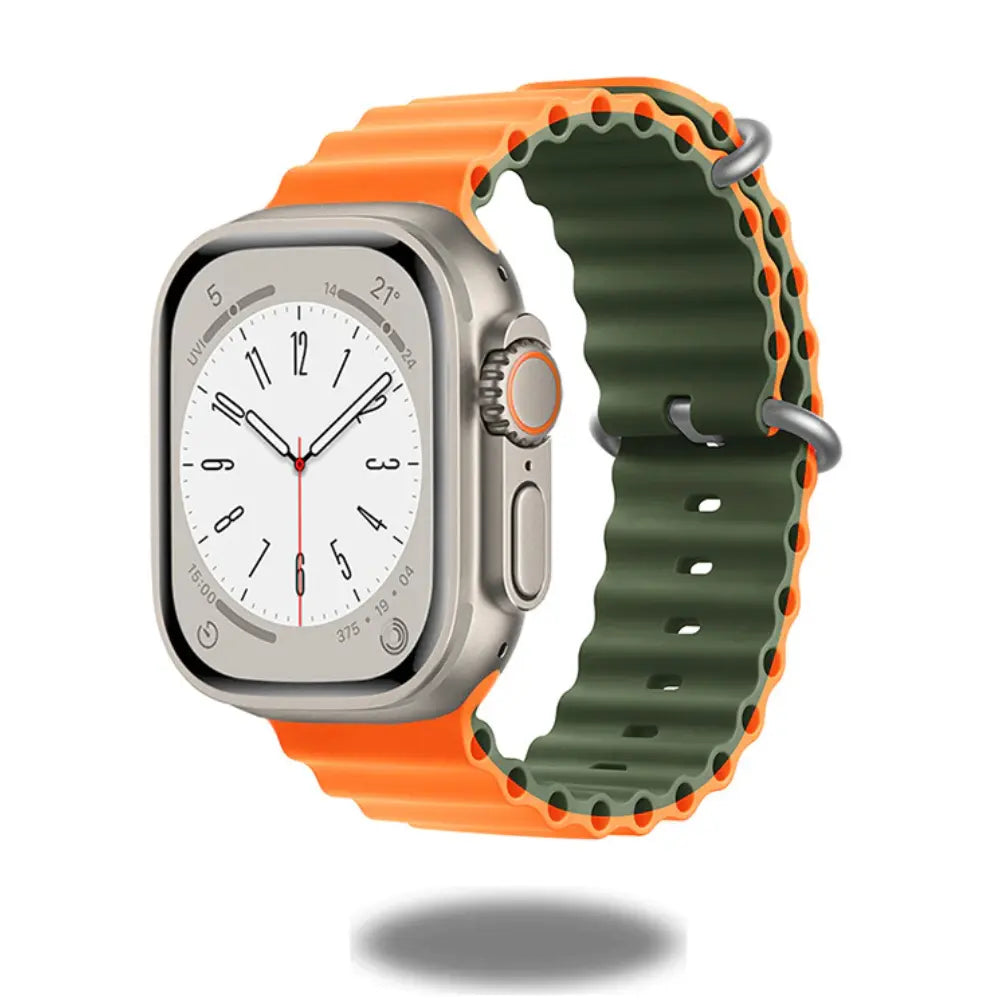 Ocean straps for Apple Watch featuring durable elastomer, adjustable fit, and corrosion-resistant buckle.