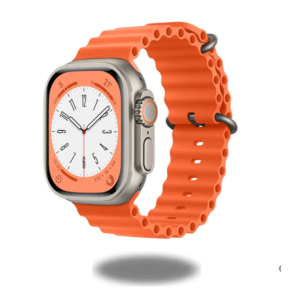Orange Ocean strap for Apple Watch, designed for durability and perfect fit over wetsuits, ideal for water sports.