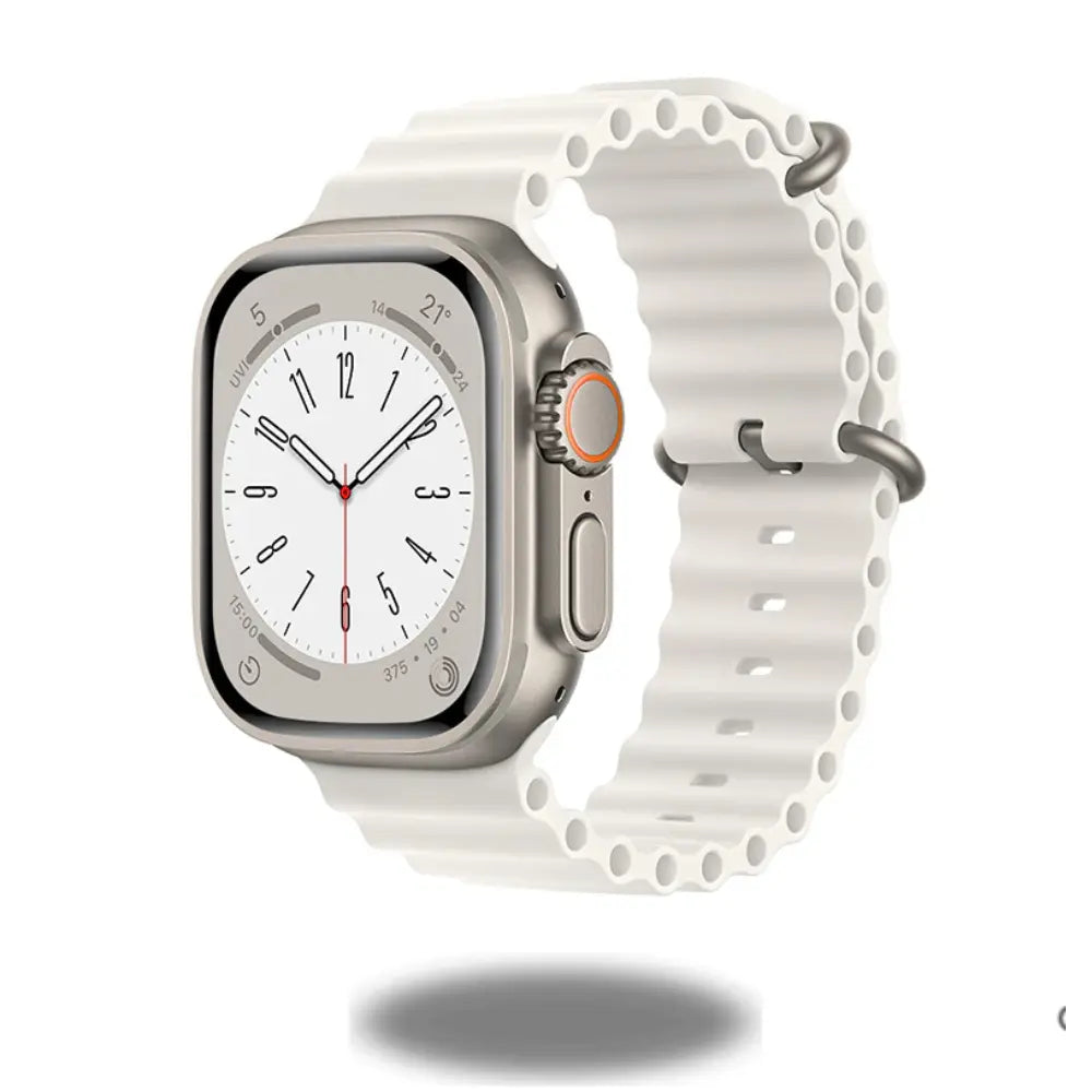 Ocean strap for Apple Watch, high-performance elastomer band with adjustable loop and stainless steel buckle.