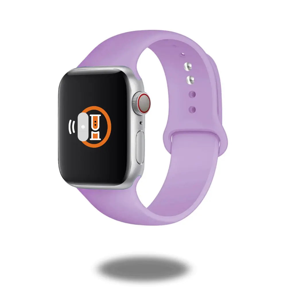 White Sports Silicone Band for Apple Watch worn on smartwatch with violet band design.