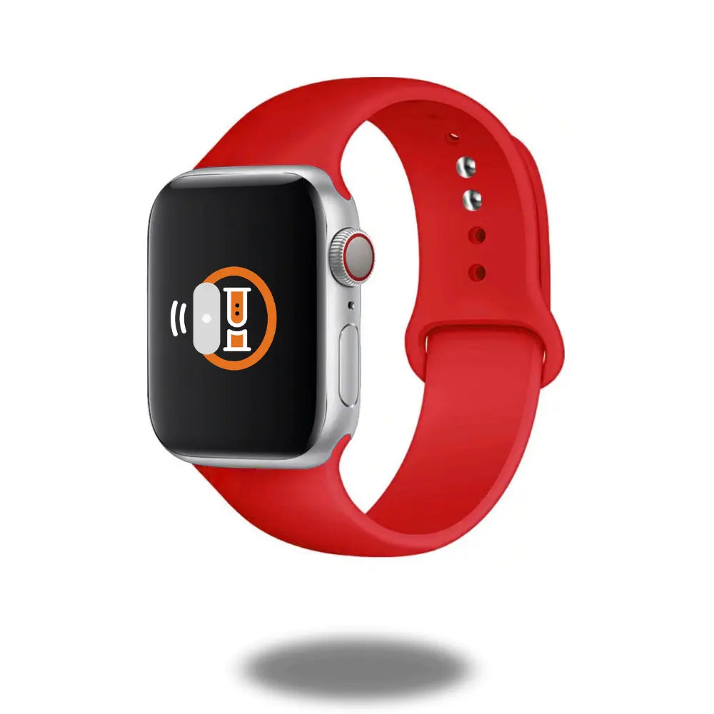 Red sports silicone band on Apple Watch, showcasing a modern and sporty look for active lifestyles.
