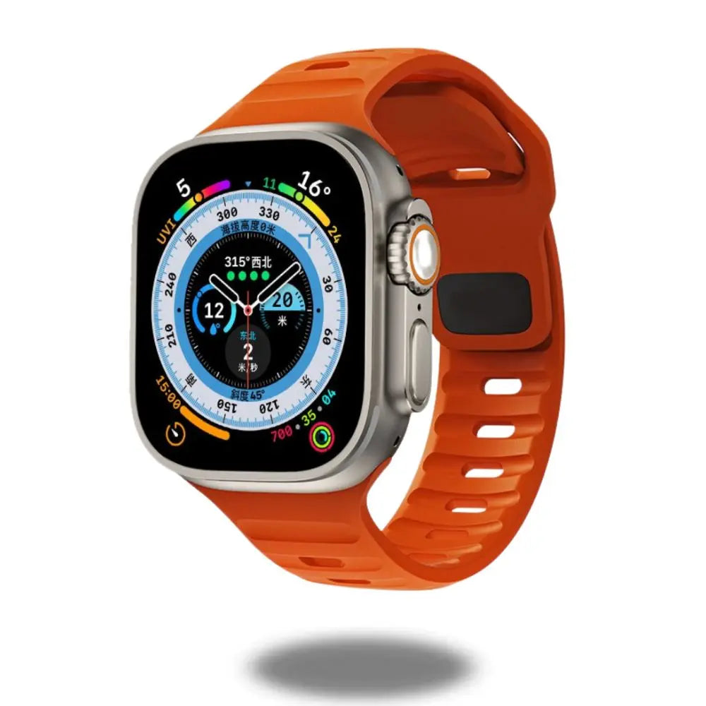Rugged Silicon Sports Band on an Apple Watch, perfect for adventure and outdoor activities.