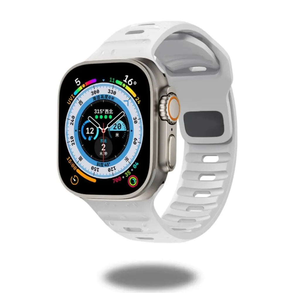 Rugged Silicon Sports Band for Apple Watch, showcasing a wide white strap, perfect for adventurers and sports lovers.
