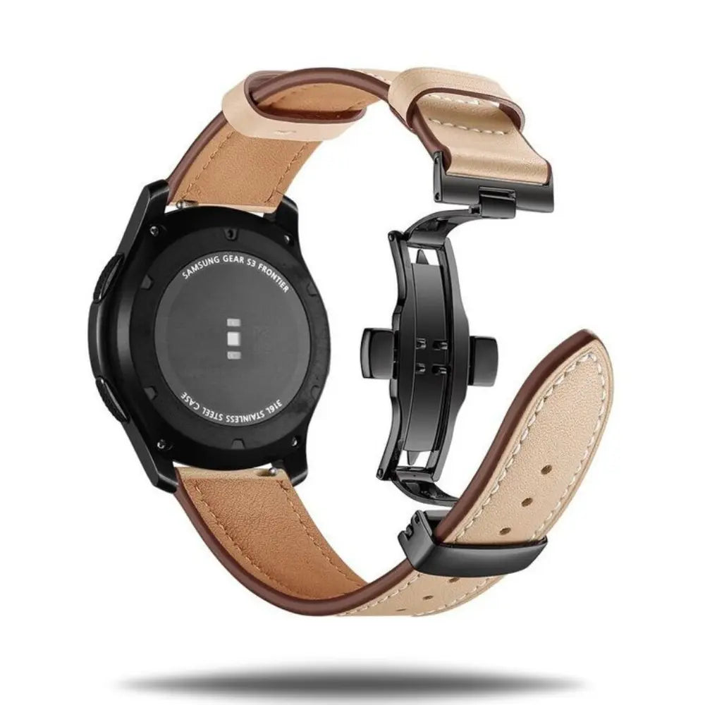 Back view of a watch with 20mm/22mm leather strap and upgraded stainless steel butterfly buckle, showcasing premium craftsmanship.