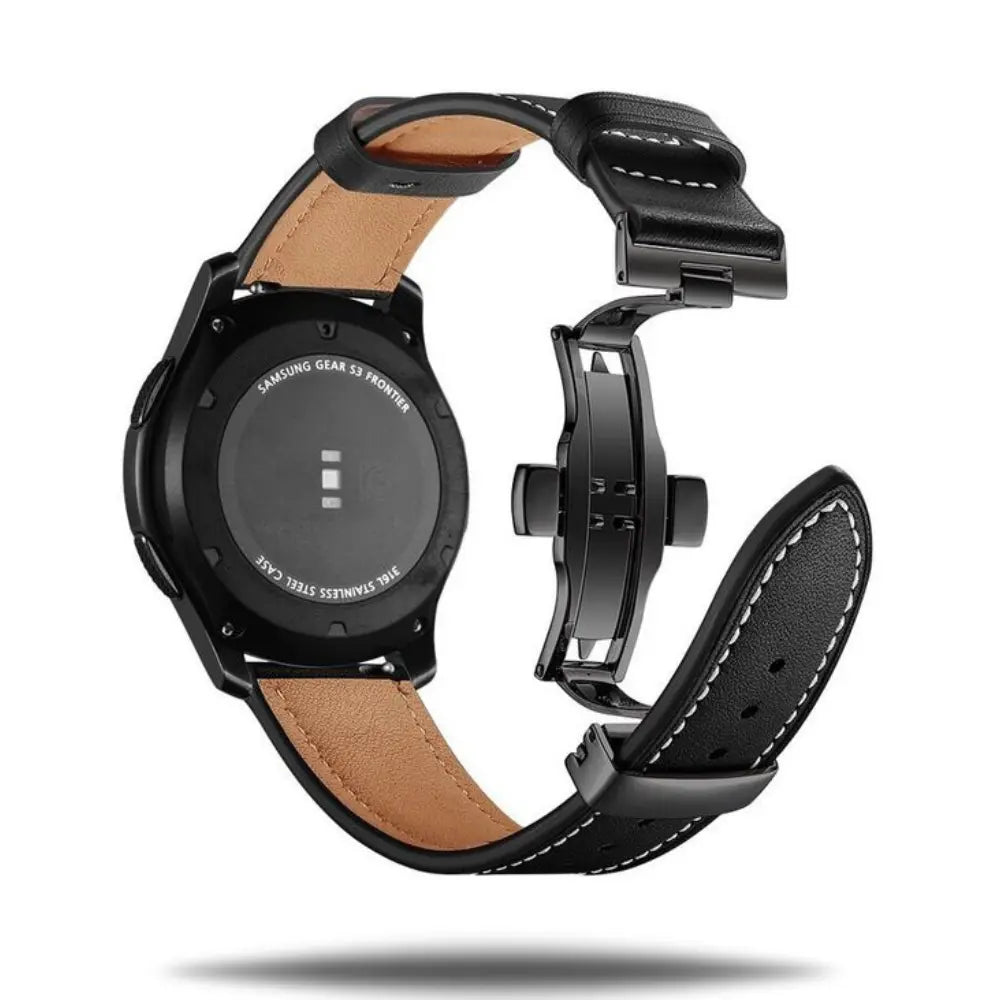 Close-up of a 20mm black leather watch strap with upgraded butterfly buckle and stainless steel adapter.