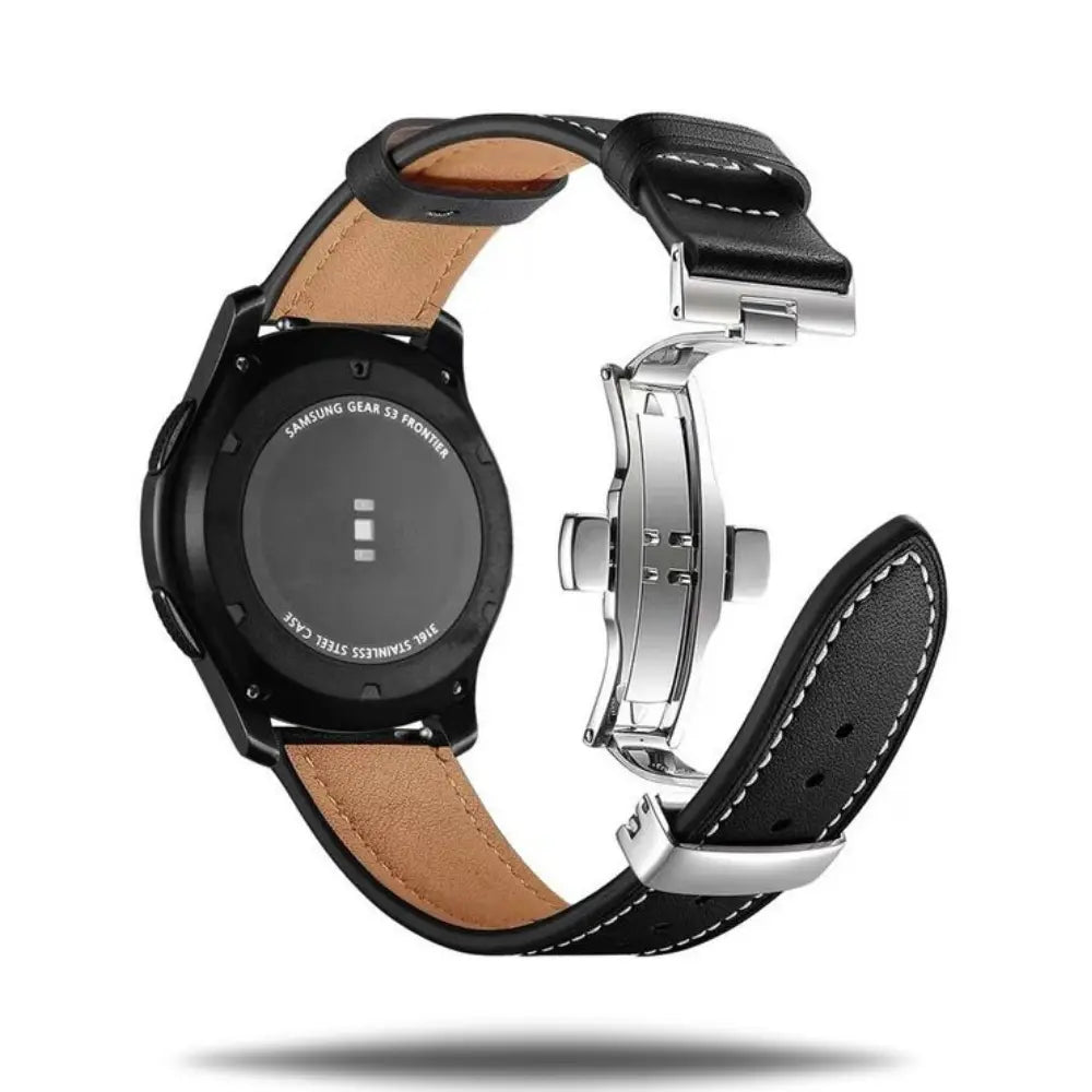 Back view of leather strap for Huawei Watch with a stainless steel butterfly buckle, showcasing premium material and comfort.