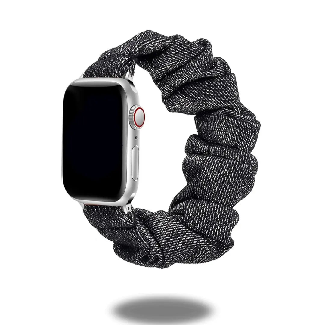 Scrunchie bands for Apple Watch in stylish black denim fabric, soft, breathable, and perfect for daily wear.