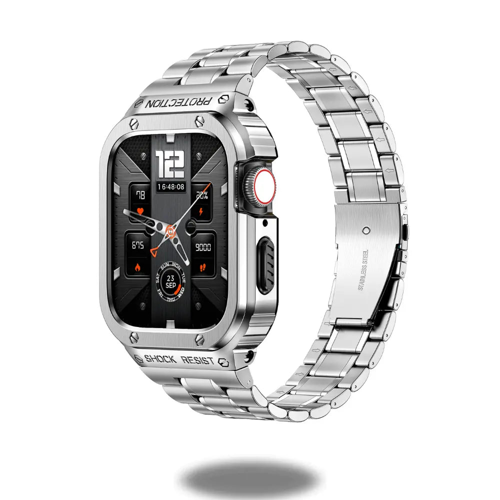 Stainless steel Apple Watch bracelet featuring a durable design with a double button clasp for elegant style and protection.