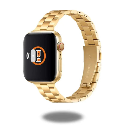Slim Metal Bracelet for Apple Watch (Gold) showcased on a sleek Apple Watch with premium stainless steel finish.