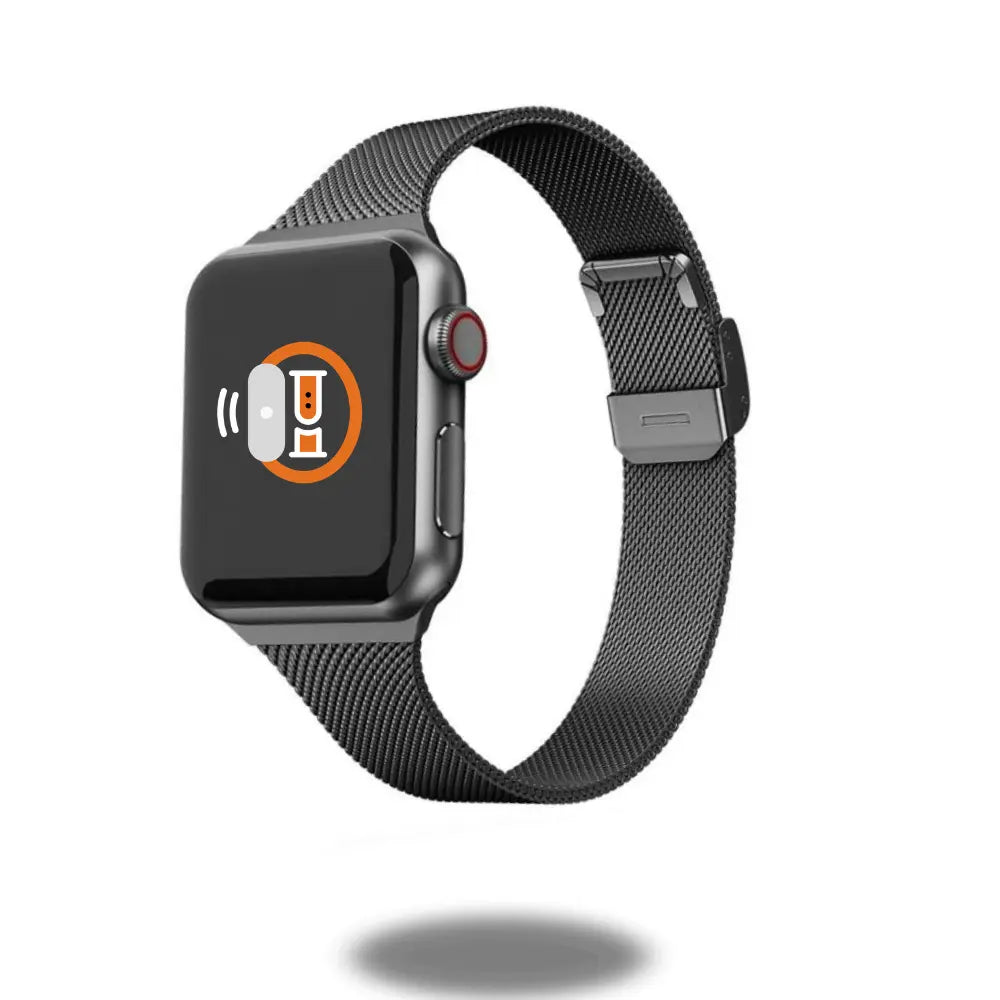 Slim Milanese Loop for iWatch, premium stainless steel band with secured clasp, perfect for 5.7-7.6 inch wrist adjustment.