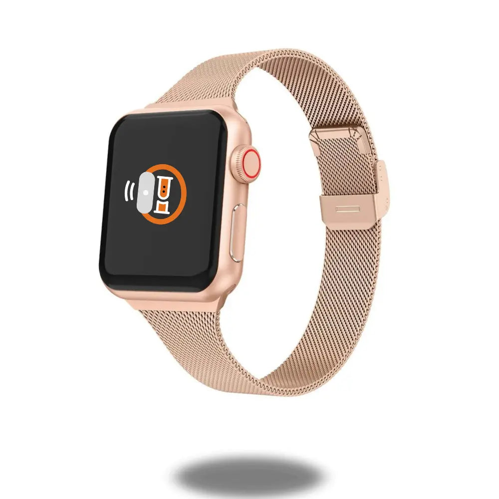 Slim Milanese Loop with secured clasp for iWatch, stylish stainless steel band for a professional look, adjustable fit for comfort.