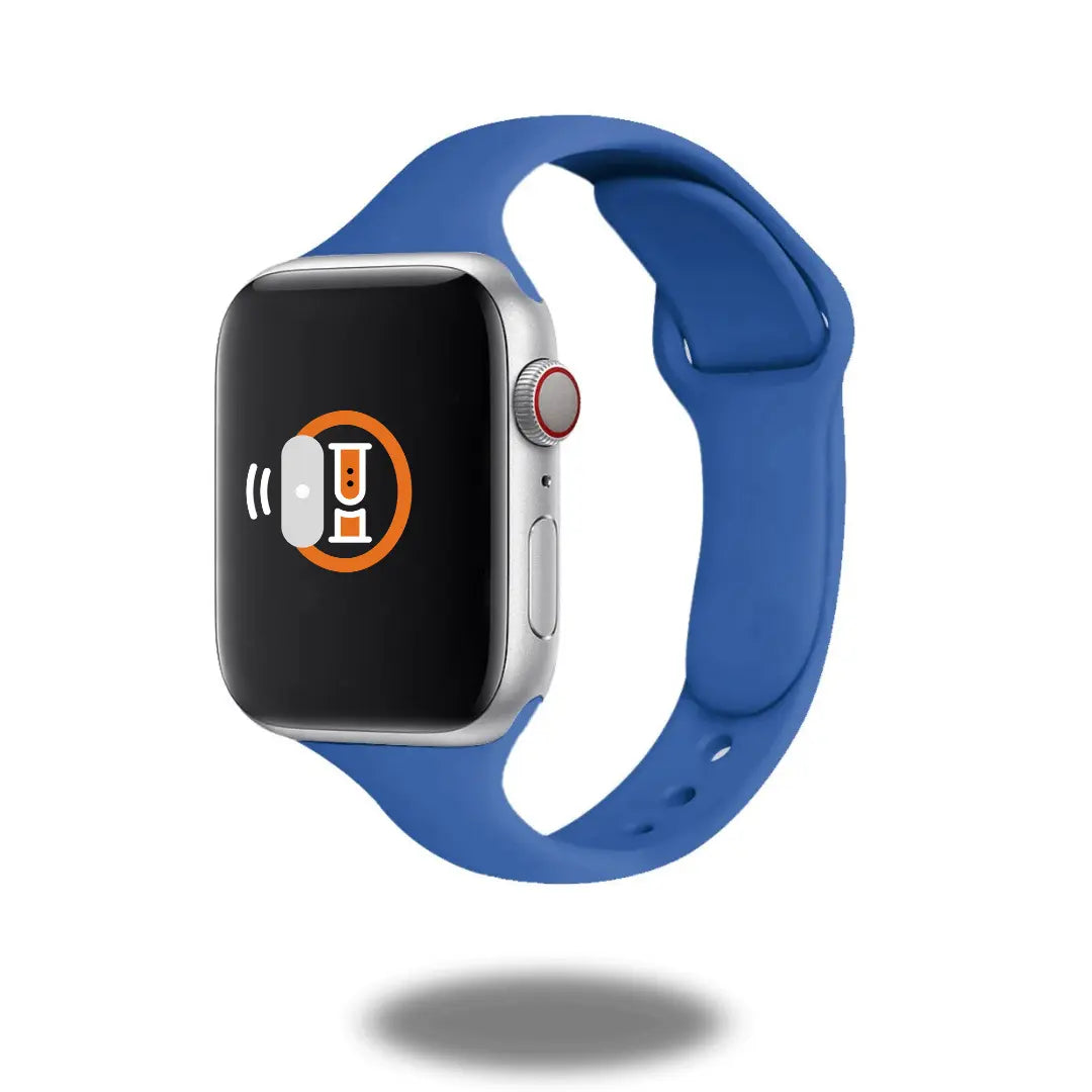 Slim silicone sports band for Apple Watch in blue, featuring a comfortable design and secure installation.