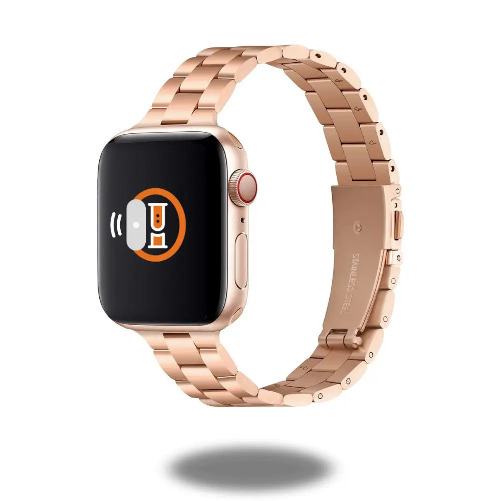 Slim metal bracelet for Apple Watch showcasing premium stainless steel design in elegant rose gold finish.