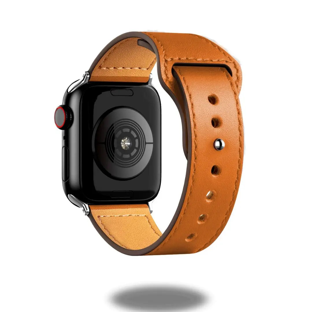 Stylish leather strap for Apple Watch, durable PU leather, elegant design, easy installation, perfect for men's and women's fashion.