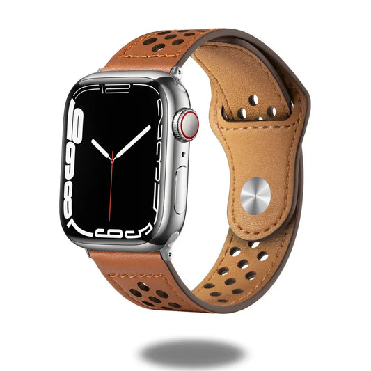 Stylish sports leather band with unique airy holes for Apple Watch, perfect for casual and formal looks.