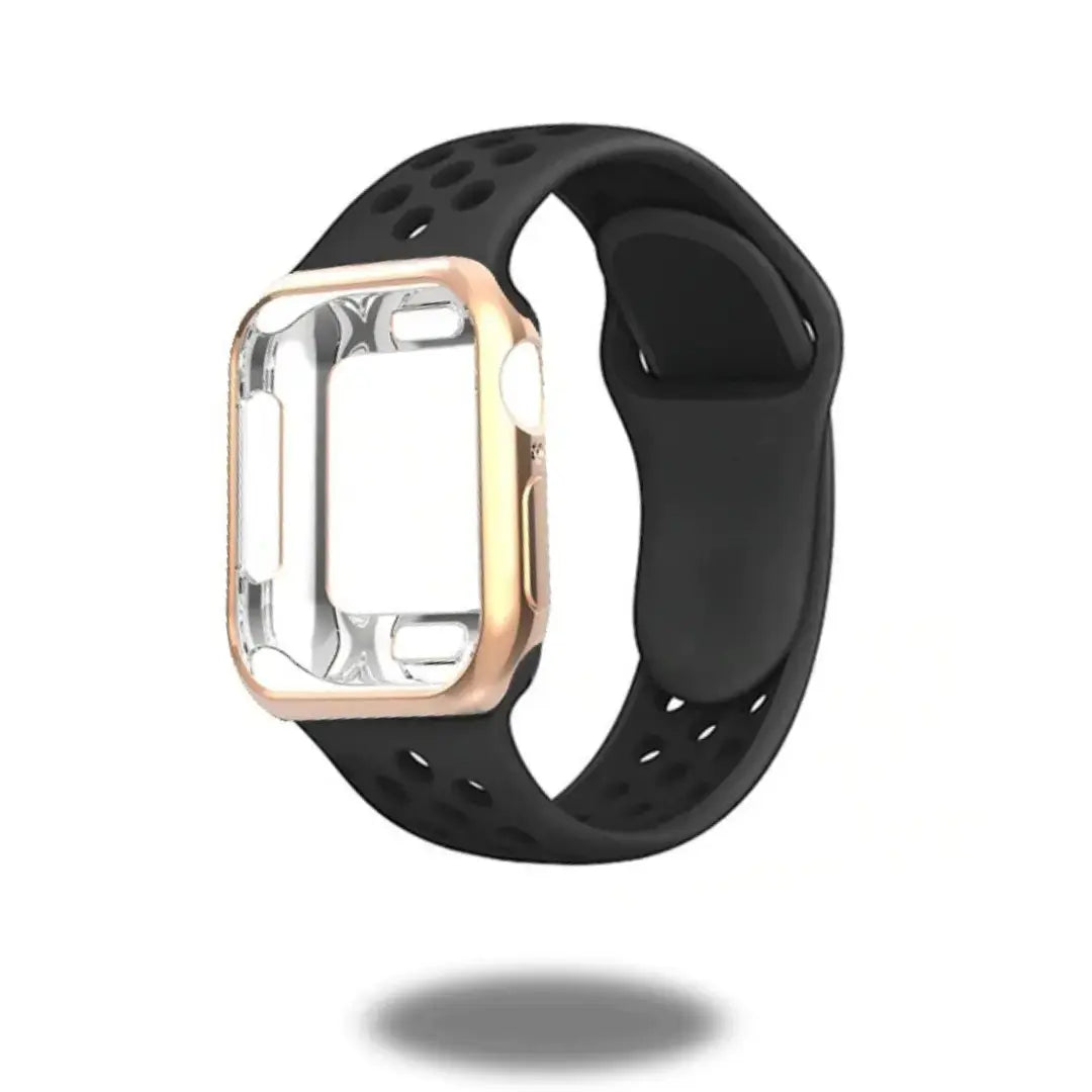 Sporty silicone band and TPU case for Apple Watch, featuring breathable air holes and sleek design.