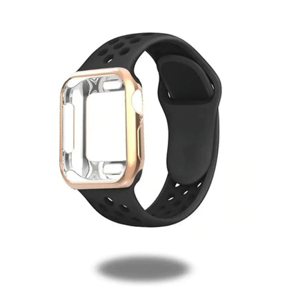 Sporty silicone band and TPU case for Apple Watch, featuring breathable air holes and sleek design.