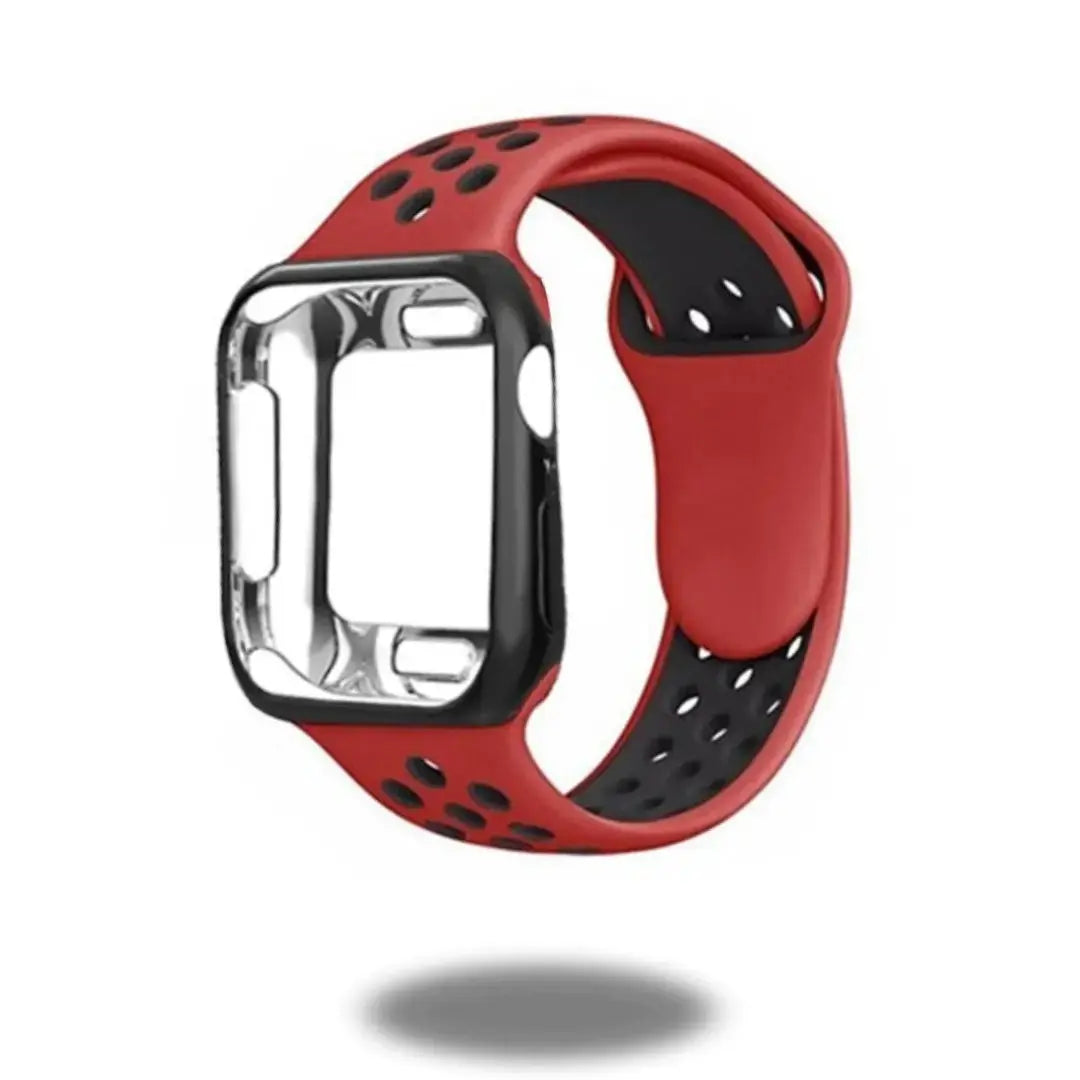Sporty red silicone band with TPU case for Apple Watch, featuring breathable holes, perfect for workouts and daily wear.