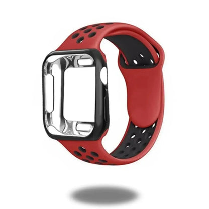 Sporty red silicone band with TPU case for Apple Watch, featuring breathable holes, perfect for workouts and daily wear.