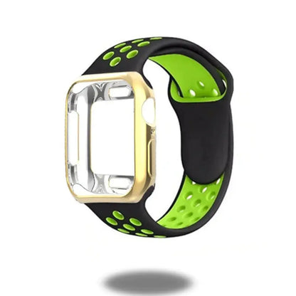 Sporty silicone band with TPU case for Apple Watch, featuring black and green design with air holes for breathability.