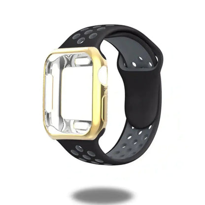 Sporty silicone band with TPU case for Apple Watch, featuring breathable air holes and stylish design.