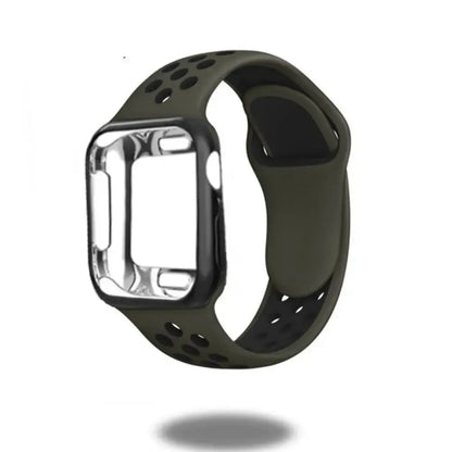 Sporty silicone band with TPU case for Apple Watch, featuring breathable air holes and sleek design.