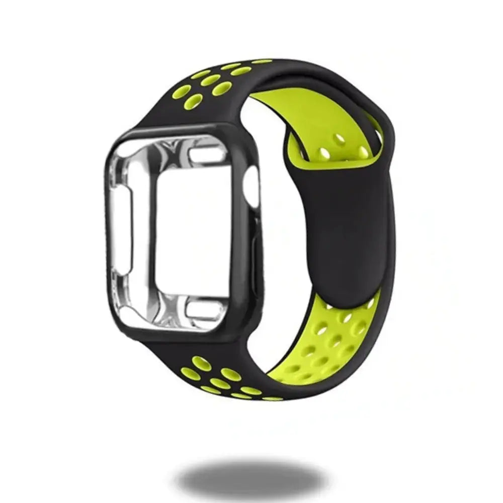 Sporty silicone band with TPU case for Apple Watch in black and neon green, breathable and lightweight design.