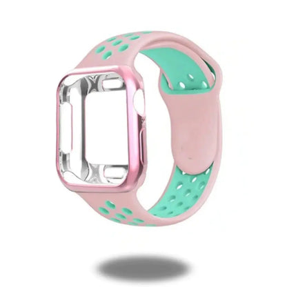 Sporty pink silicone band with breathable holes and TPU case for Apple Watch, perfect for workouts and daily use.