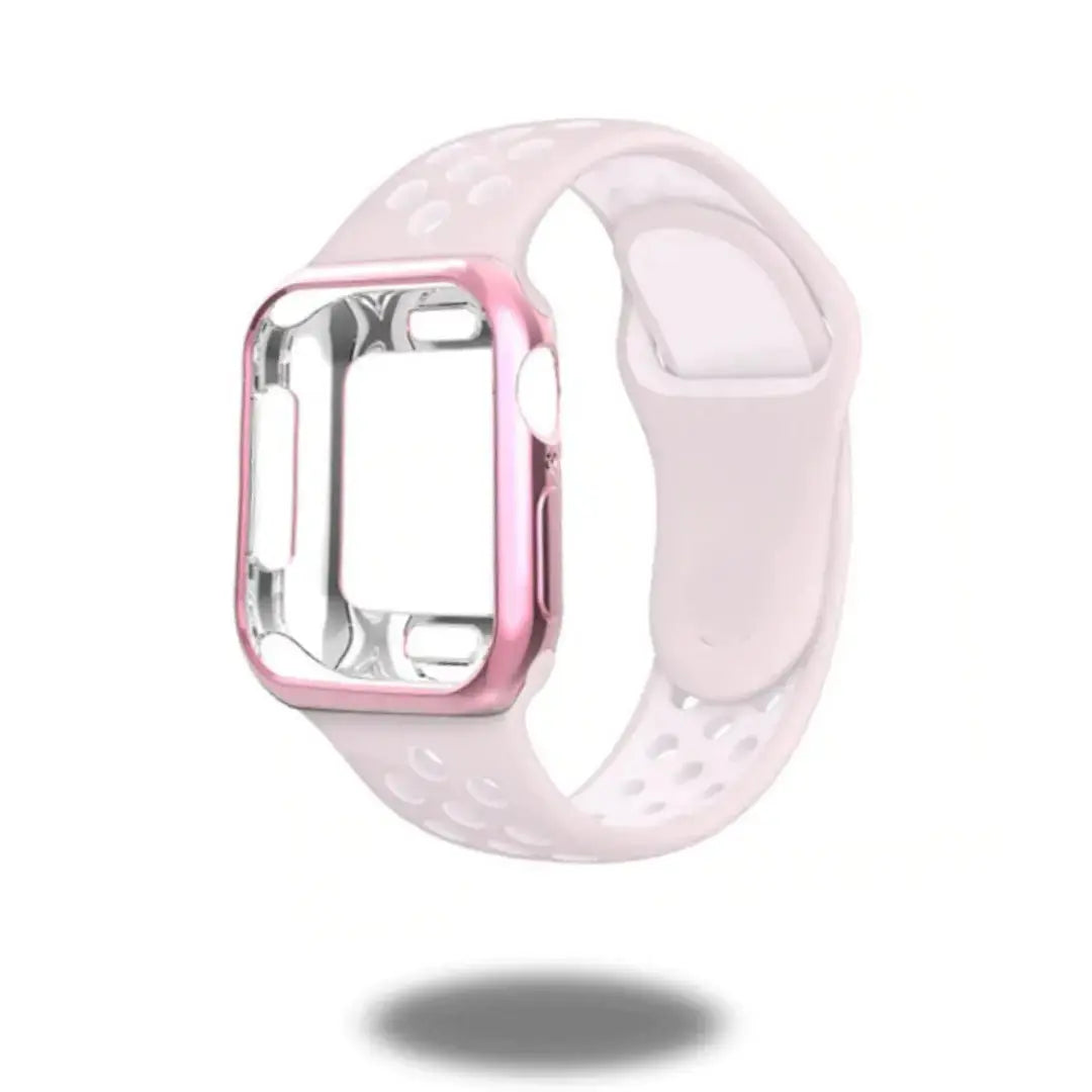 Sporty silicone band and TPU case for Apple Watch in pink, designed for comfort and protection during workouts.
