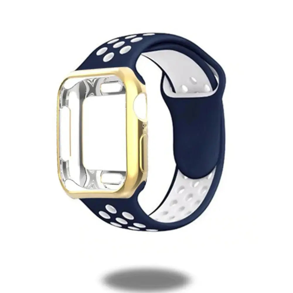 Sporty silicone band and TPU case for Apple Watch in navy blue with white air holes, blending style and comfort.