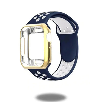 Sporty silicone band and TPU case for Apple Watch in navy blue with white air holes, blending style and comfort.