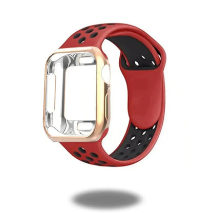 Sporty red silicone band with TPU case for Apple Watch, featuring breathable air holes and lightweight design.