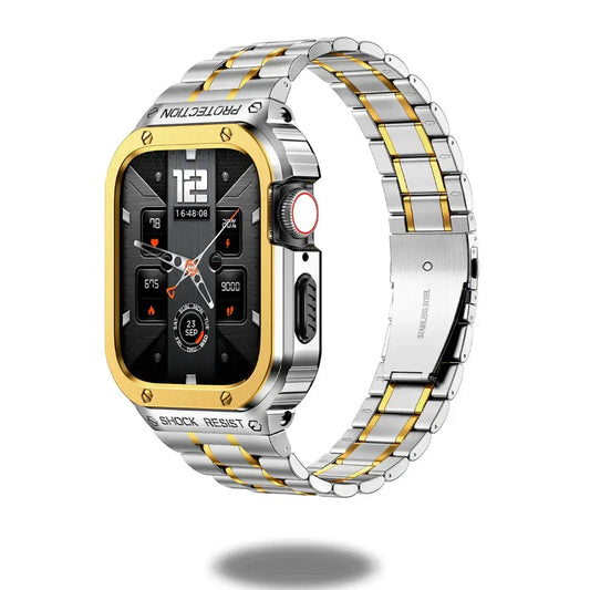 Stylish stainless steel bracelet and case for Apple Watch, featuring double button clasp and elegant gold accents.