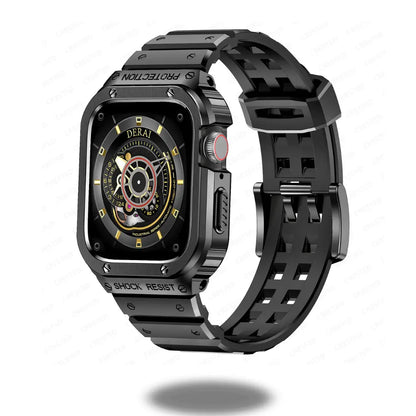 Dominar stainless steel Apple Watch case with breathable TPU strap for protection and style.