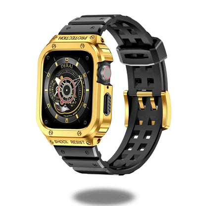 Dominar stainless steel Apple Watch case with black silicon strap; shock-resistant and durable design.