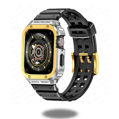 Dominar Apple Watch case with silicon strap in black and gold, showcasing durable 316L stainless steel and breathable TPU design.