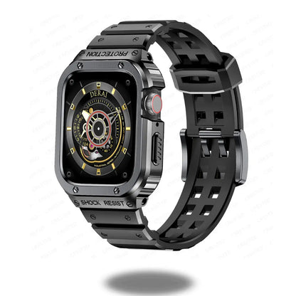 Dominar stainless steel Apple Watch case with black silicon strap, showcasing shock-resistant design and sleek craftsmanship.