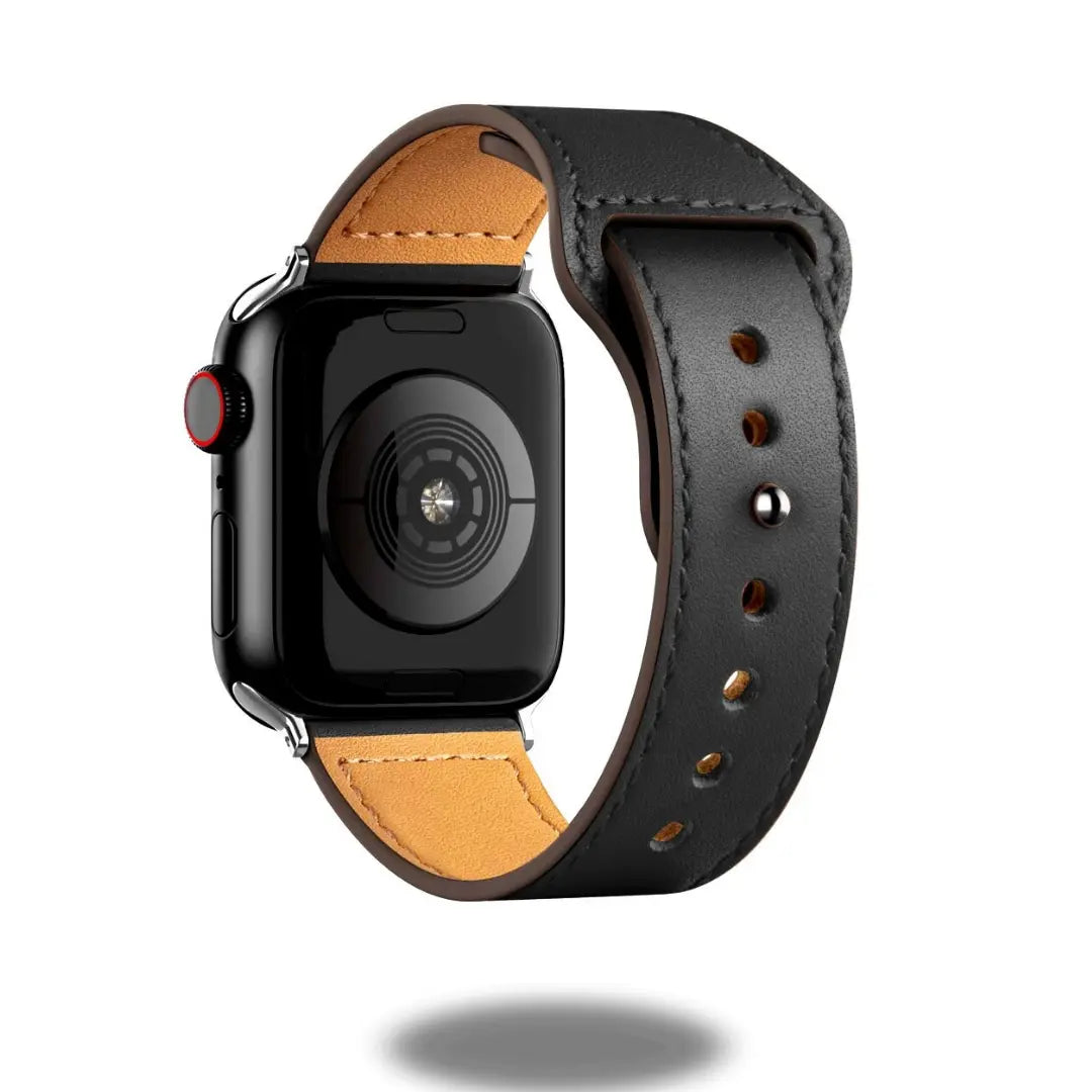 Stylish leather strap for Apple Watch, featuring elegant design and easy installation, fits any occasion.