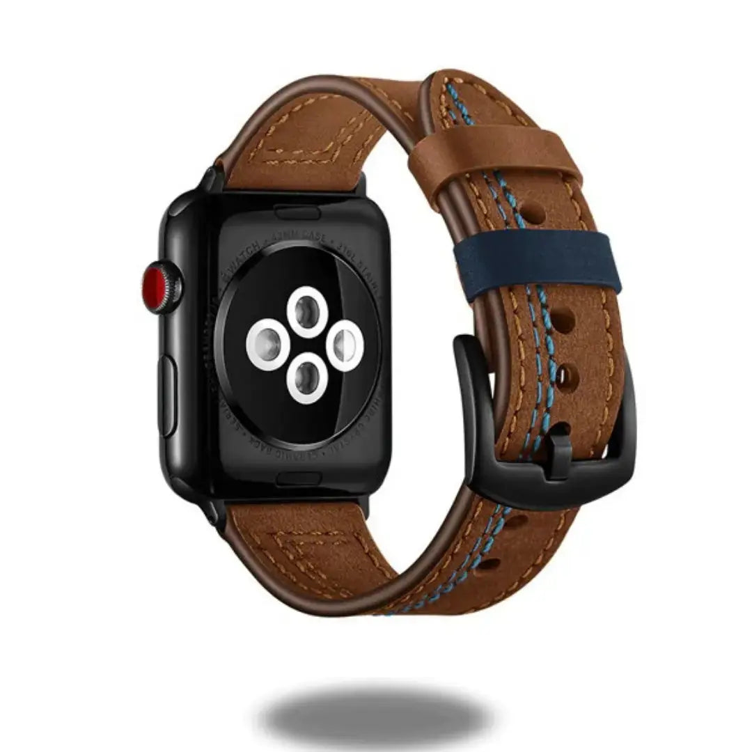 Stylish leather Apple Watch band in brown with blue accent, showcasing premium genuine leather and vintage design.