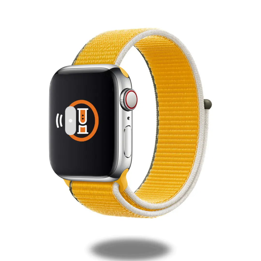 Sport Loop Band in vibrant yellow, compatible with Apple Watch 38mm/40mm/41mm, made of durable woven nylon.