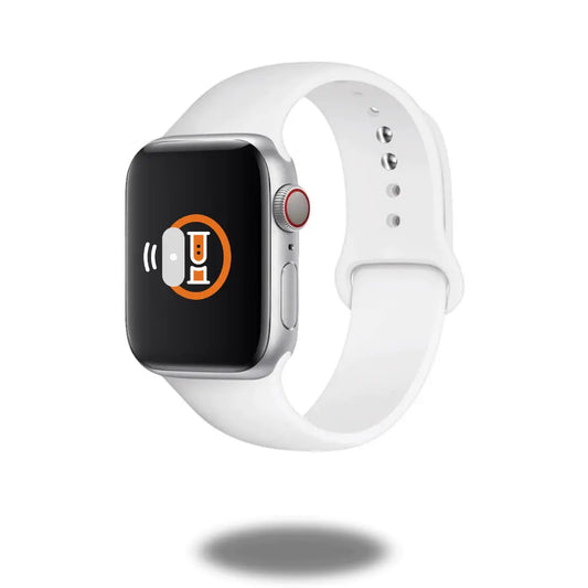 White Sports Silicone Band for Apple Watch displayed on a sleek Apple Watch, emphasizing fitness and style.